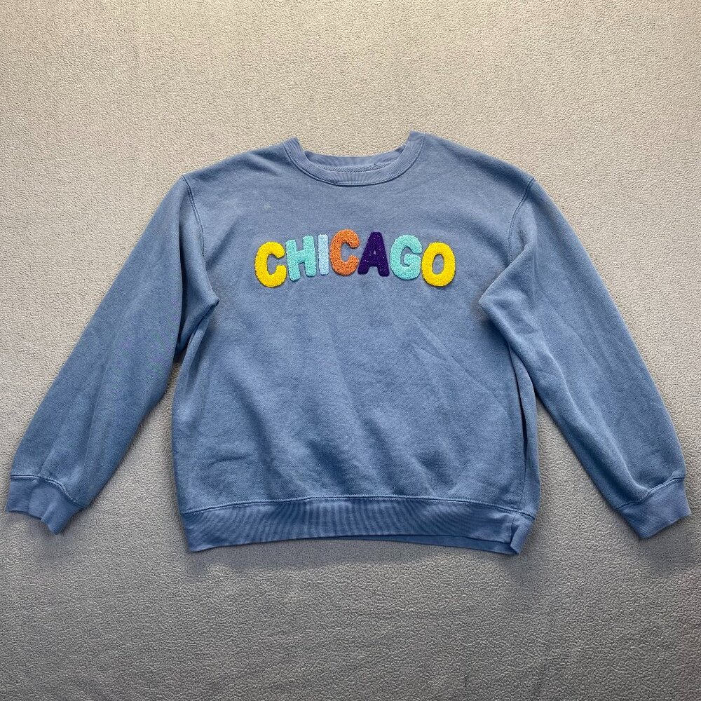 New York Popular Blue Crewneck Sweater with Chicago Graphic,Womens,Size Large